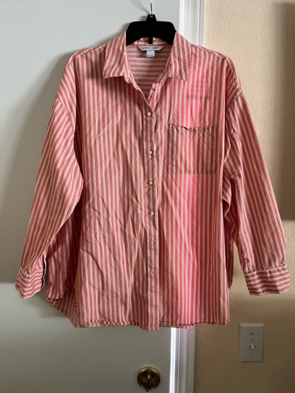 Old Navy Striped Button-Up Boyfriend Shirt in Coral and White